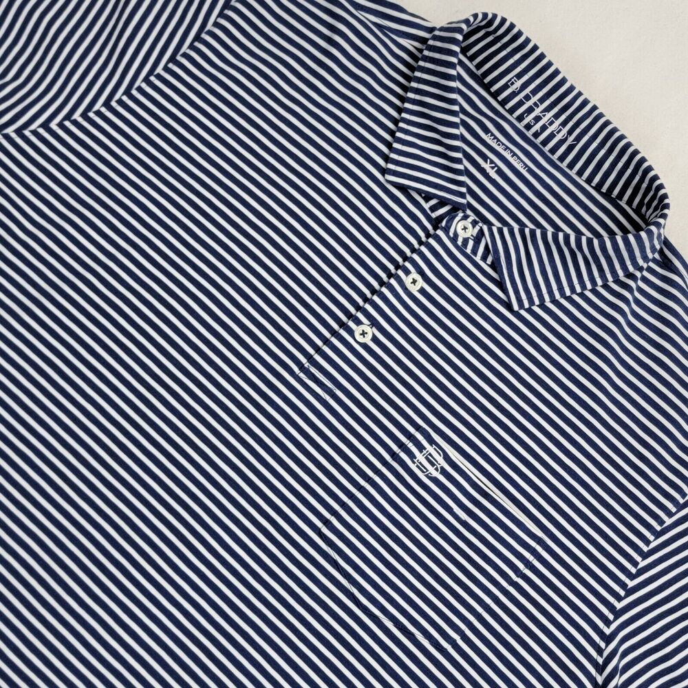 B Draddy Greg Polo 4-Way Stretch Pima Cotton Blend Sz XL Navy White Striped Mens
